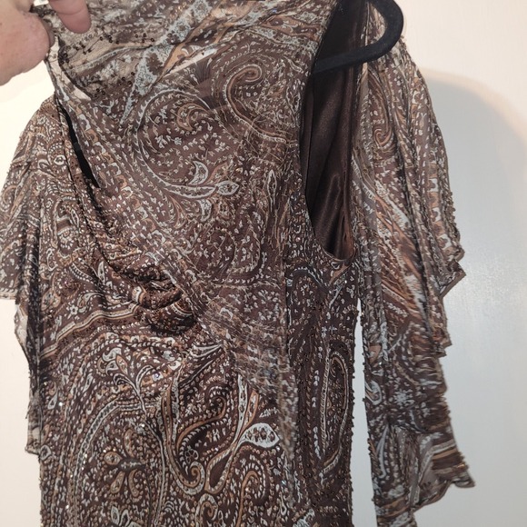 CARMEN MARC VALVO Silk Beaded Blouse Women's 10 Brown Blue Draped Neck Lined - Picture 5 of 15
